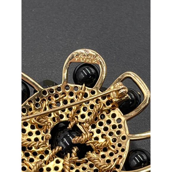Trina Turk Signed Designer Black Beaded Gold Plated Large Cluster Brooch - Picture 7 of 9